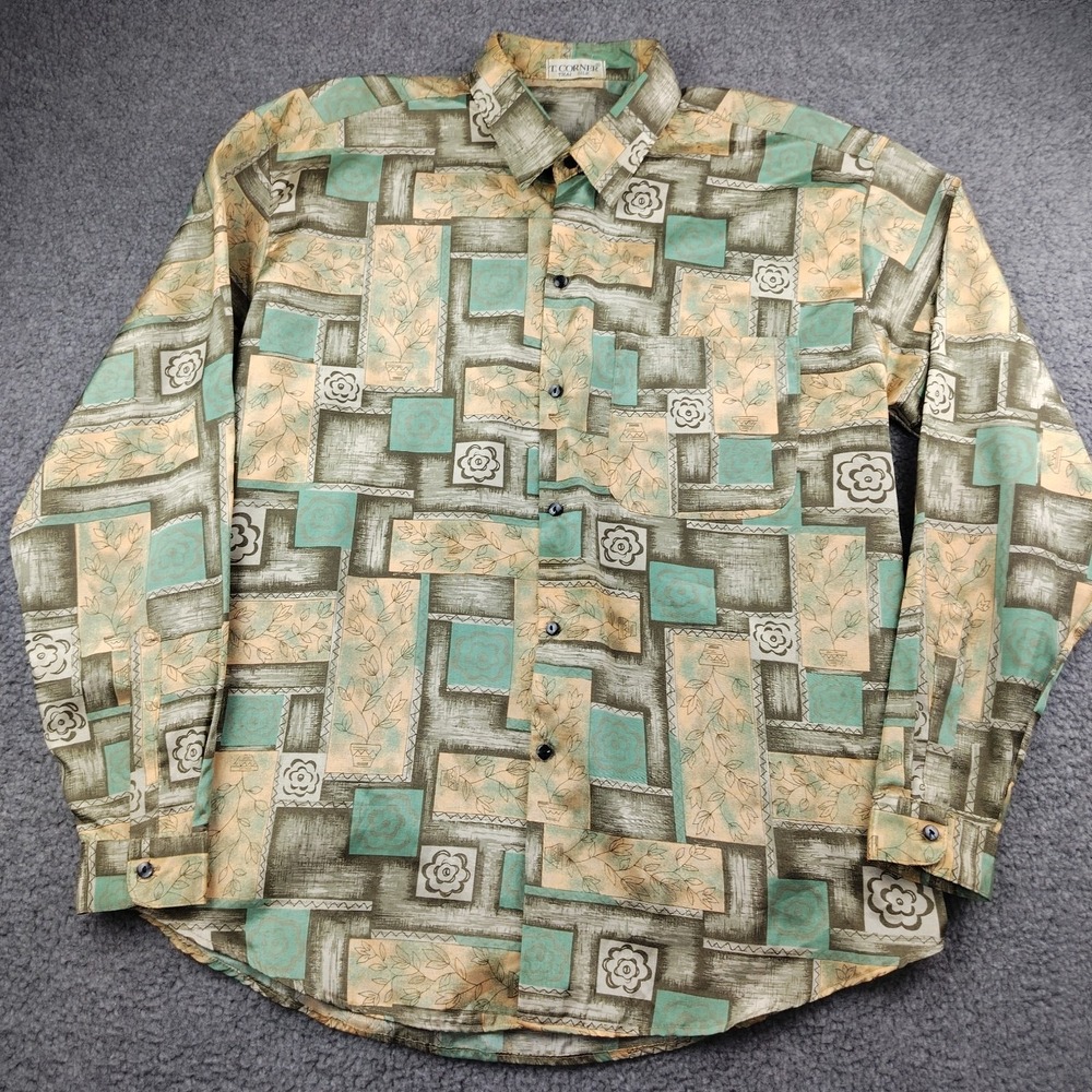 T Corner Thai Silk Shirt Button Up Sz Large Men's All Over Print 90s